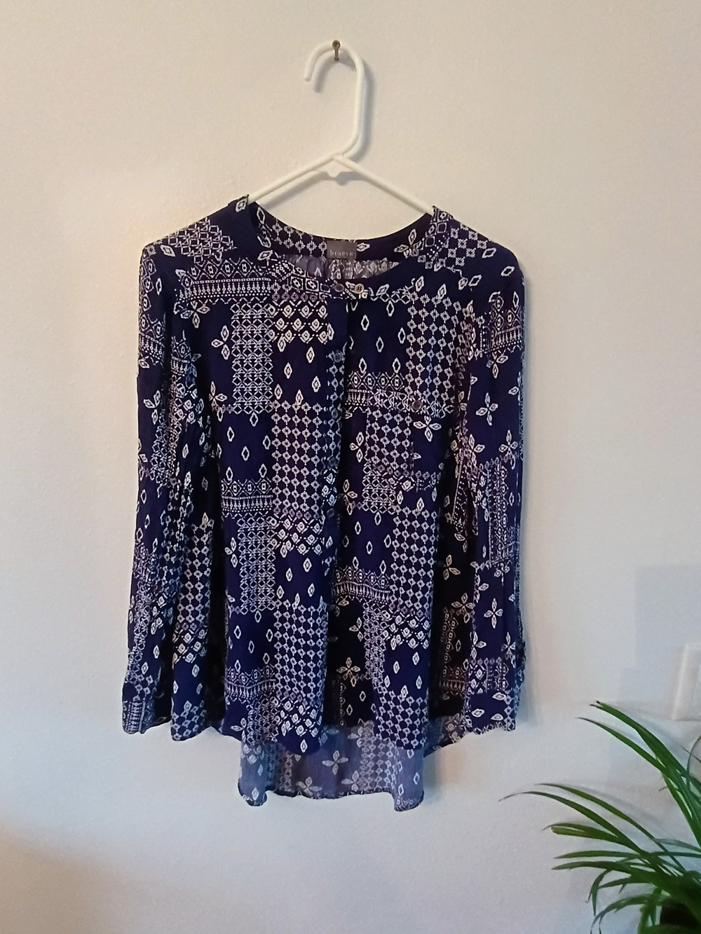 Braeve Large Navy Boho Bandana Print Rayon Tunic Blouse Long Sleeve Flowy Top